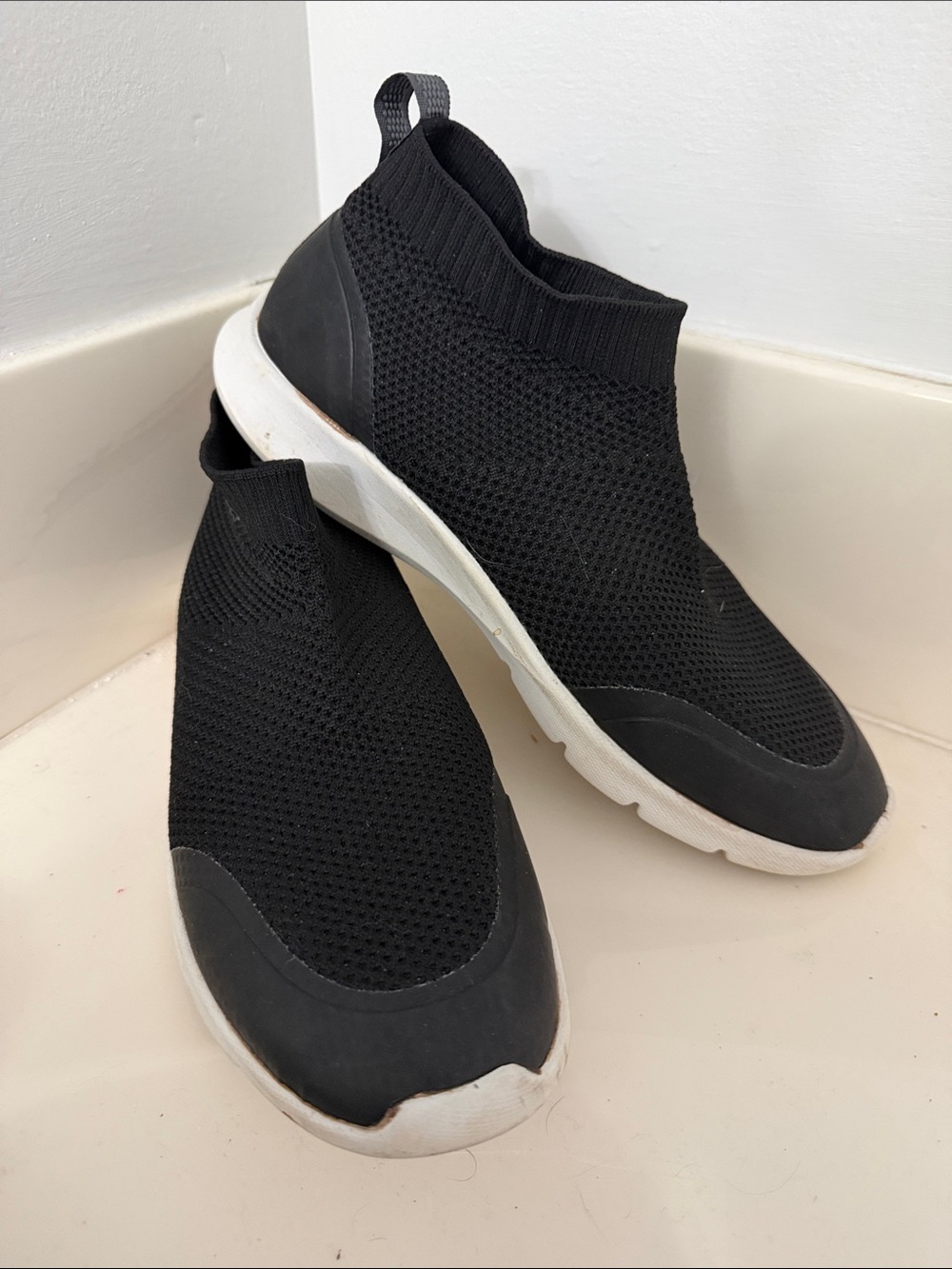 REVITALIGN / SPENCO Black Knit Slip-On Sock Booties with White Sole